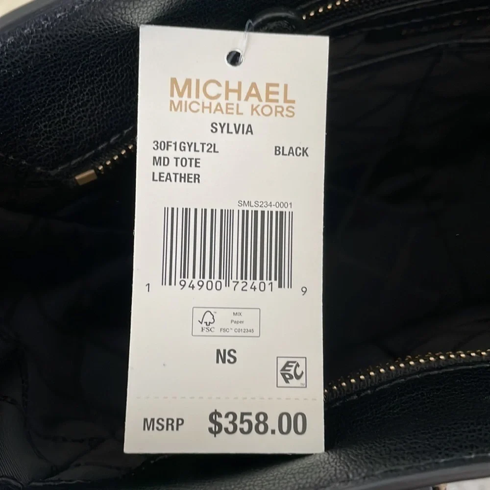 Brand New Michael Kors Genuine Leather Zippered Sylvia Tote Purse Black w/ Gold
